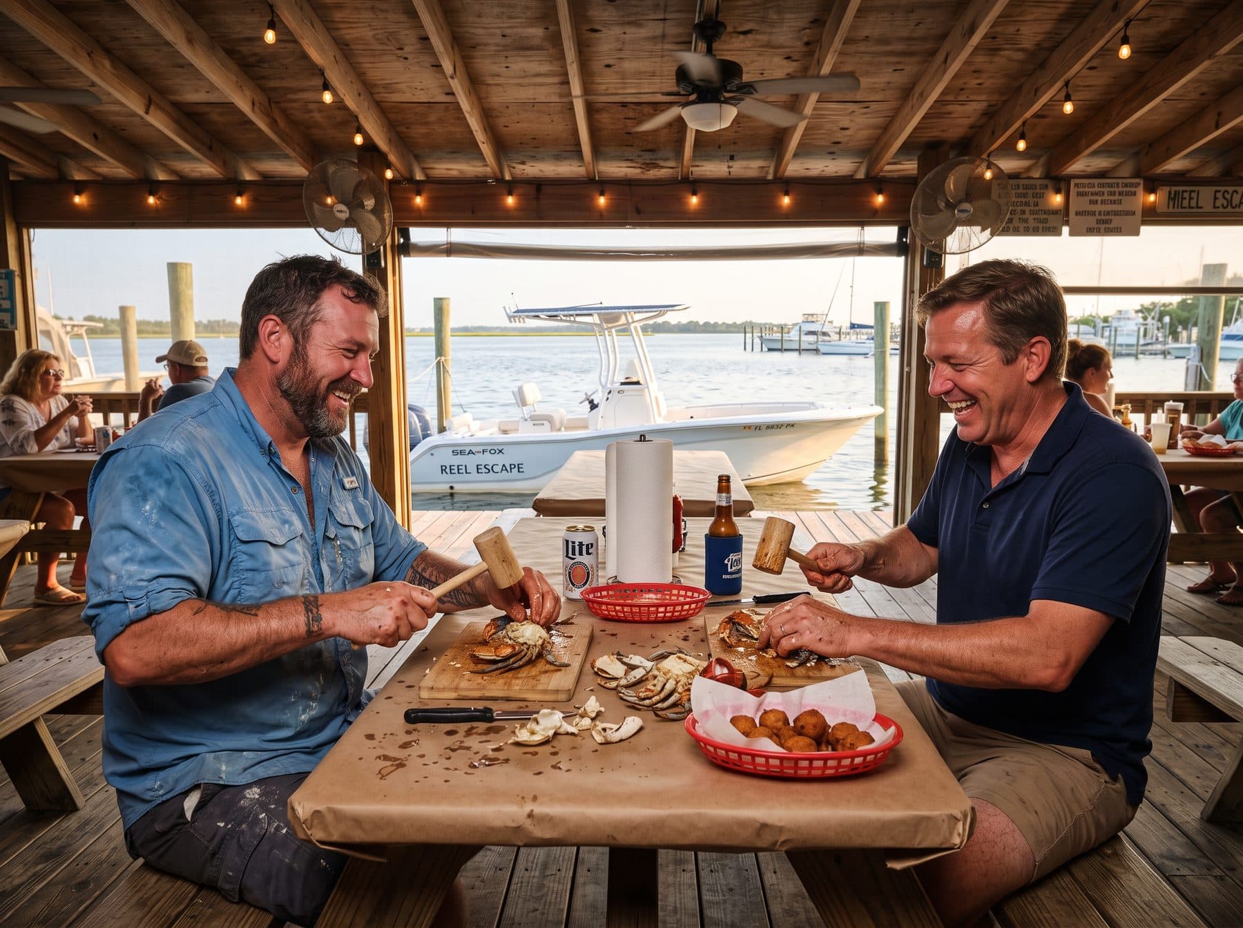 Two men laughing across a paper-covered table with mallets raised over crabs, a boat tied up at the dock behind them
