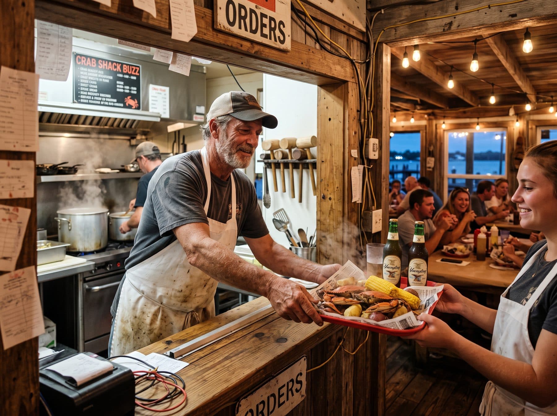 A cook in an apron handing a tray of crabs and corn across the order window to a server, steam rising from pots behind him