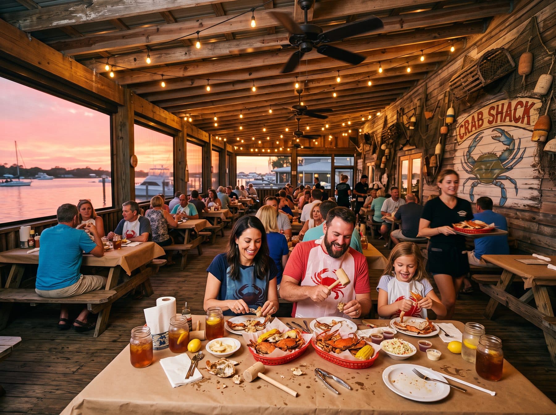 A covered dockside dining porch at sunset, string lights and ceiling fans overhead, families at picnic tables with trays of crabs, boats on the water outside