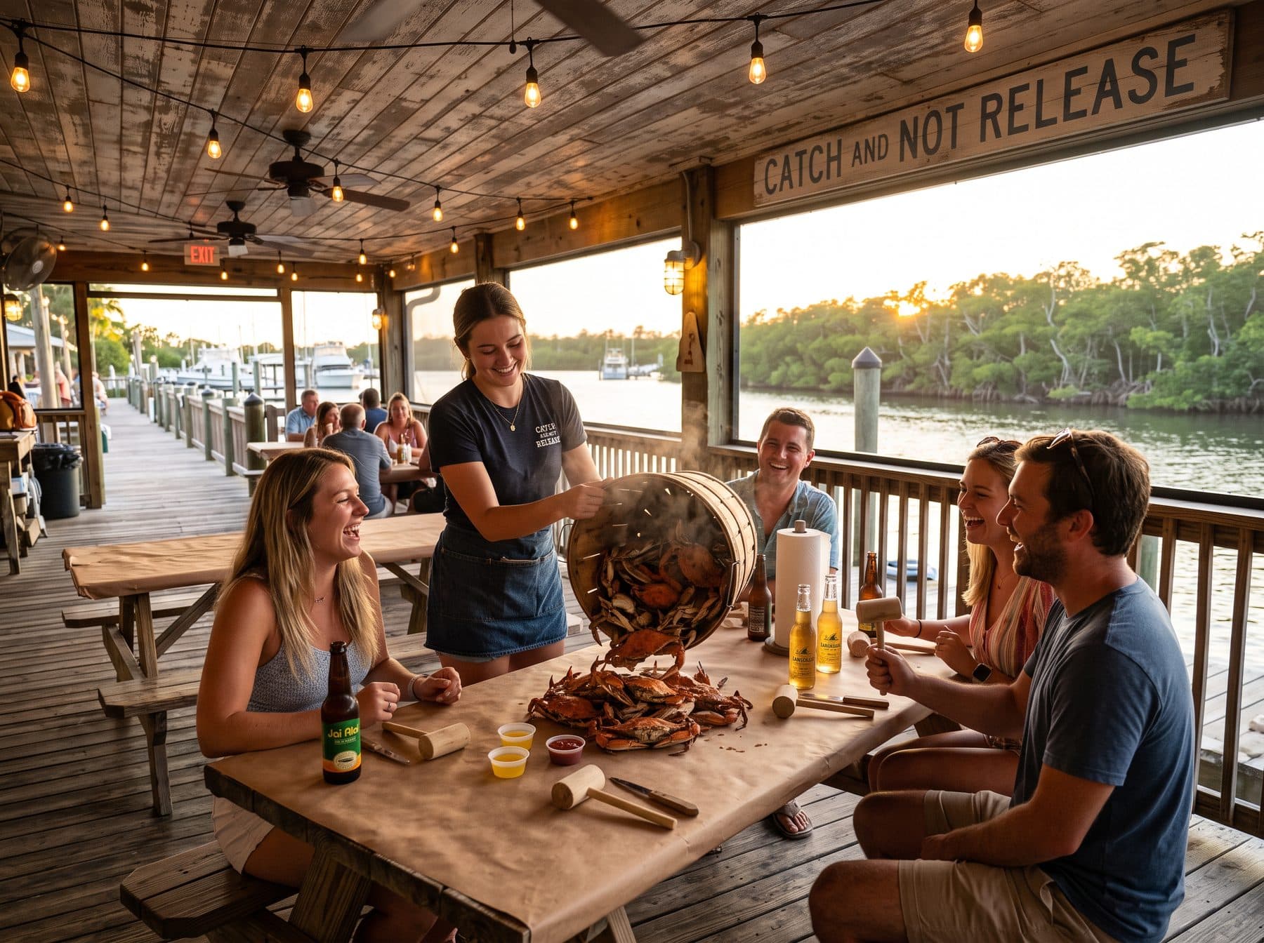 A server setting a bushel basket of steamed blue crabs onto a dockside picnic table in front of five people, with the Catch and Not Release sign on the wall and the water behind them
