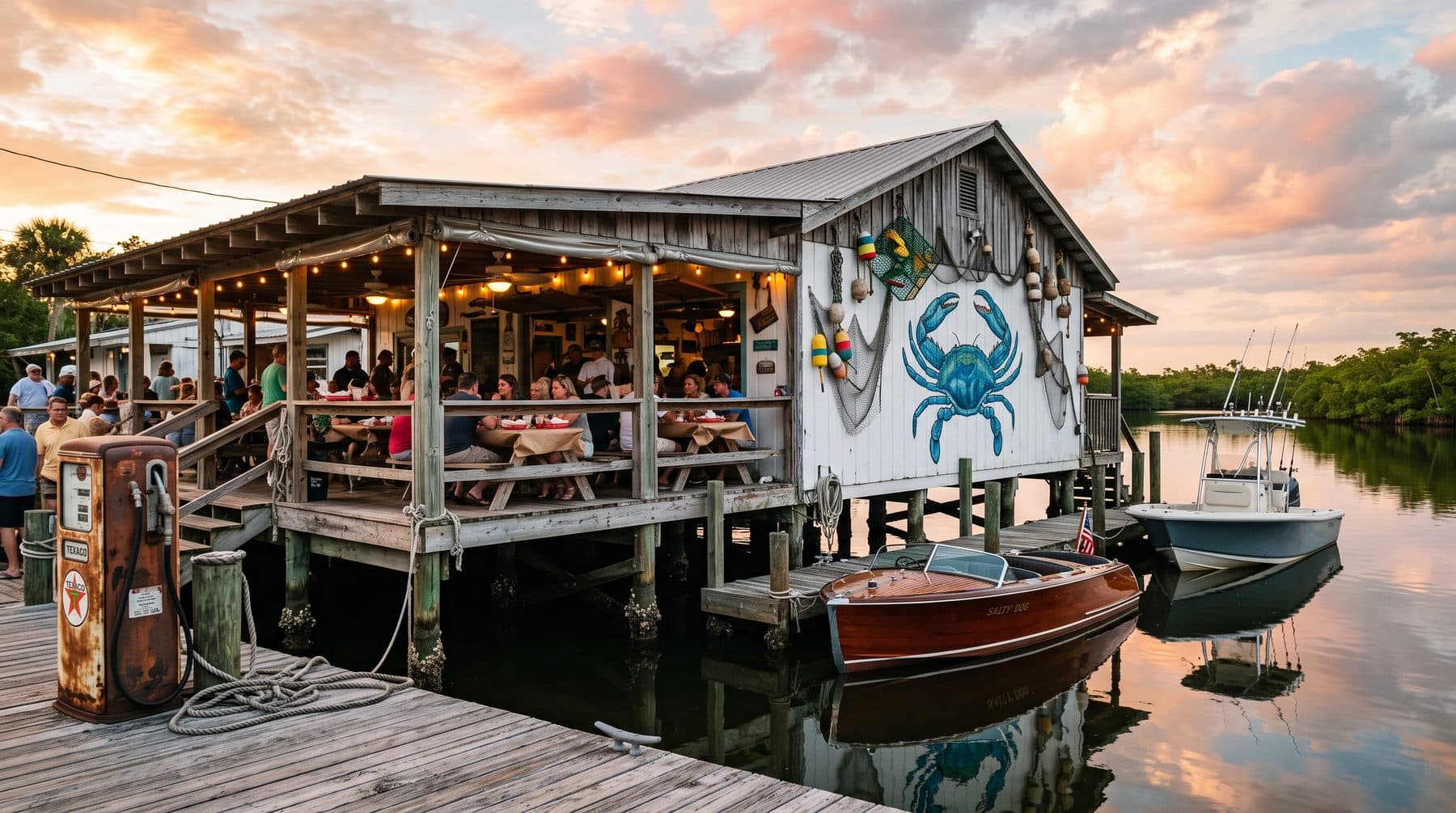 A dockside crab shack at sunset with a big painted blue crab on its wall, a classic wooden runabout and a center console tied up alongside, an old fuel pump on the dock in the foreground