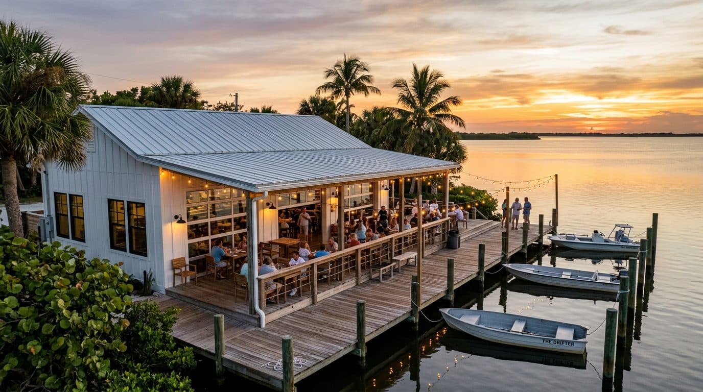 A white board-and-batten fish camp on the water at sunset, with a covered porch full of diners and a dock