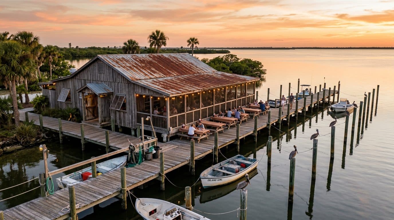 A weathered old fish house on pilings over the water at sunset, with a long dock and skiffs