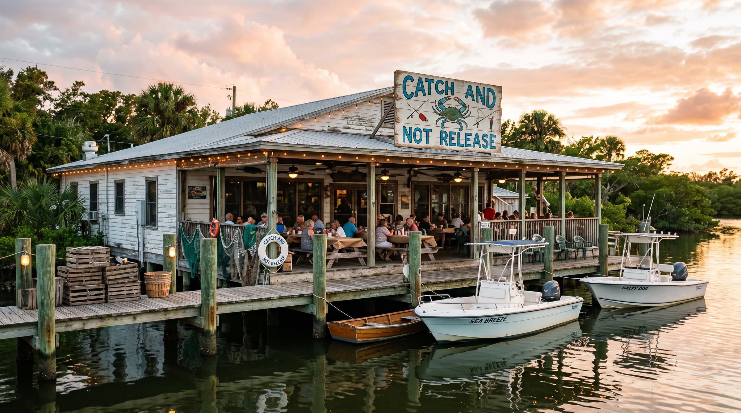 A dockside crab shack at sunset with CATCH AND NOT RELEASE painted on the sign, a porch full of people at picnic tables, boats tied up along the dock and still water behind