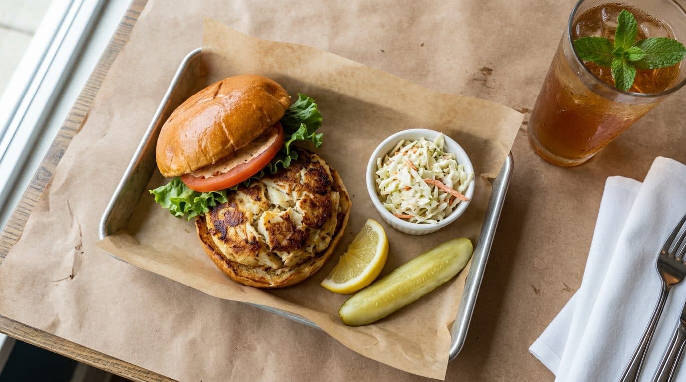 Overhead view of a crab cake sandwich in a paper-lined tray with slaw, lemon and a pickle