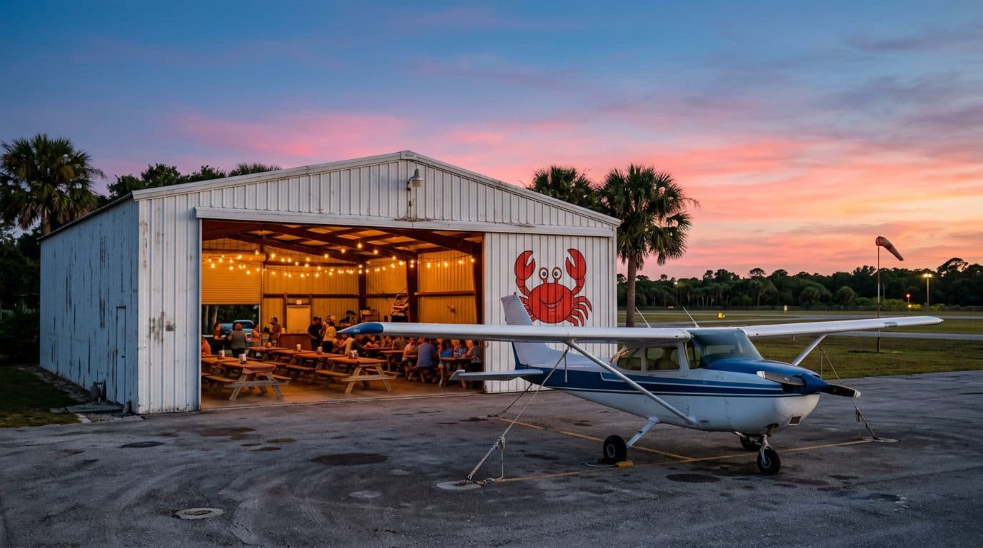 A white hangar at dusk with the door rolled open, picnic tables inside and a red crab painted on the door