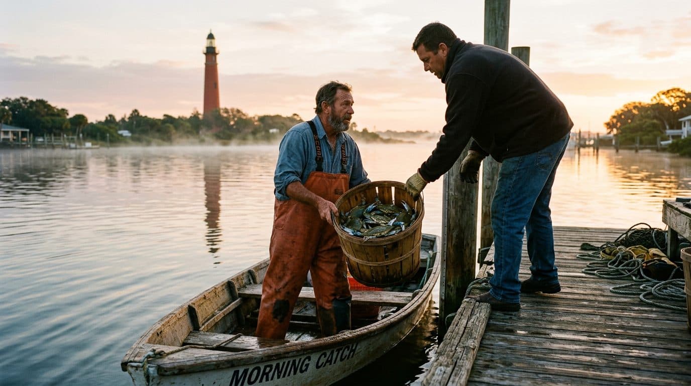 A waterman handing a bushel of blue crabs up from a skiff to a dock at sunrise, a lighthouse behind